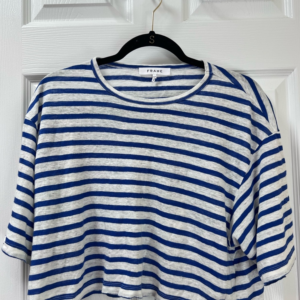 Frame Women’s Nautical Blue White Strip Crop Top 100% Linen Coastal Size Small